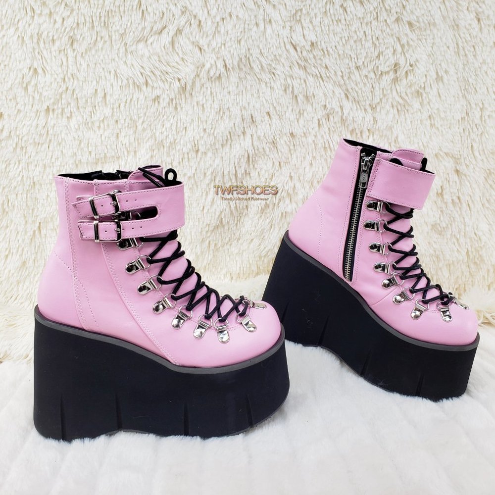 Goth 4 1/2" Platform  Faux Lace-Up Ankle Boot in Pink - Picture 2 of 12